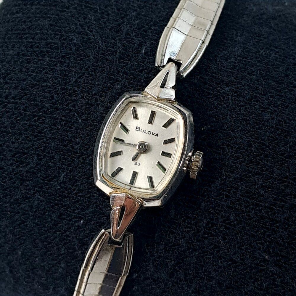 Vintage Bulova watch 23 jewels 10K white gold‎ bracelet ladies women's RGP bezel